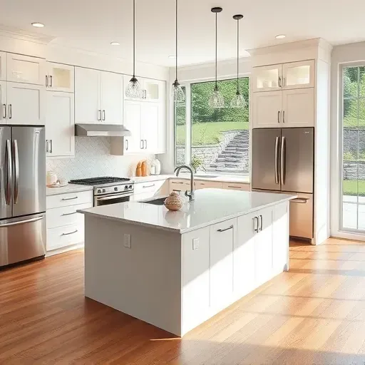 Newly renovated kitchen in Canonsburg PA with white cabinets, quartz island, stainless steel appliances, and natural light.