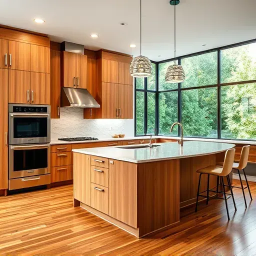 Recently remodeled modern kitchen in Burgettstown PA with wood cabinets stainless appliances marble island pendant lights and hardwood flooring