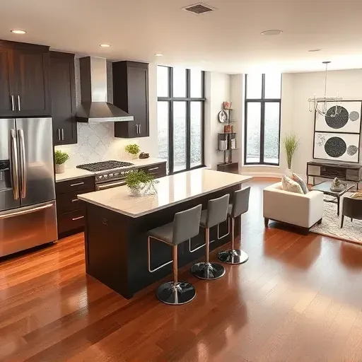 Modern kitchen remodel in Bethel Park PA featuring dark wood cabinets, white marble counters, and stainless steel appliances.