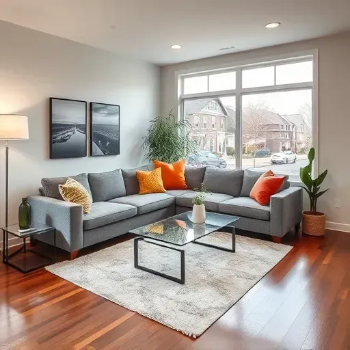 Remodeled Baldwin PA living room with modern furnishings, neutral palette, large windows, and vibrant decor.