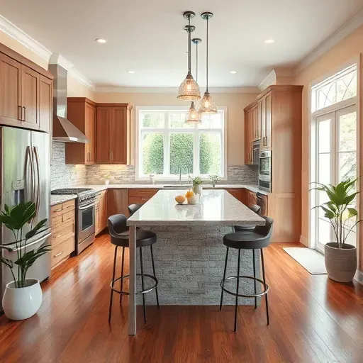 Modern Baldwin PA kitchen remodel features sleek cabinetry, granite countertops, bar seating, and a garden view.