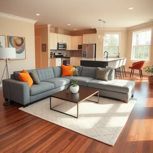 Spacious modern living room in Canonsburg PA with neutral tones, hardwood floor, and stylish decor elements.