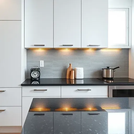 Freshly installed under cabinet lighting in a modern Canonsburg kitchen showcasing sleek white cabinets, warm glow, and organized granite counters