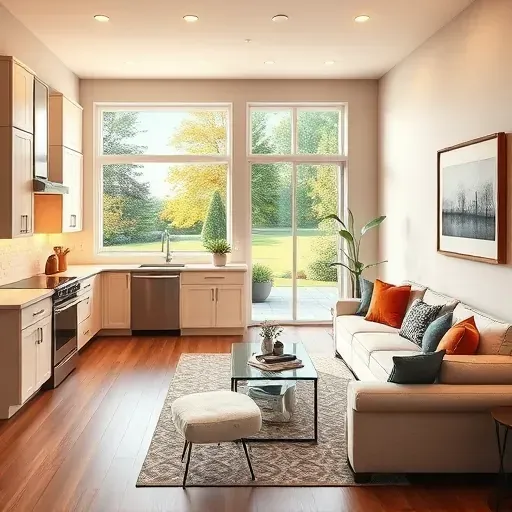 Modern kitchen and living room remodel in Finleyville PA featuring natural light, stylish decor, sleek appliances, and serene views.