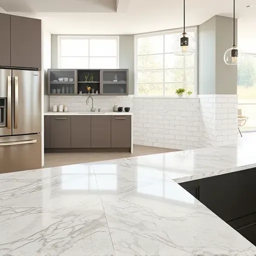 Finished sleek white and gray herringbone ceramic tile backsplash in a modern kitchen with granite countertop and stainless steel appliances