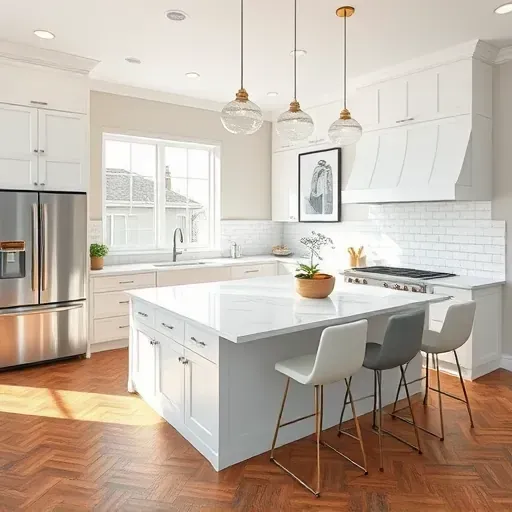 Recently remodeled Whitehall PA kitchen with marble countertops stainless steel appliances sleek backsplash hardwood floors and modern lighting