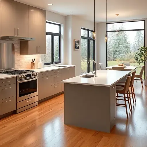 Modern kitchen remodel in Charleroi PA with sleek cabinetry, quartz island, stainless appliances, and natural light.