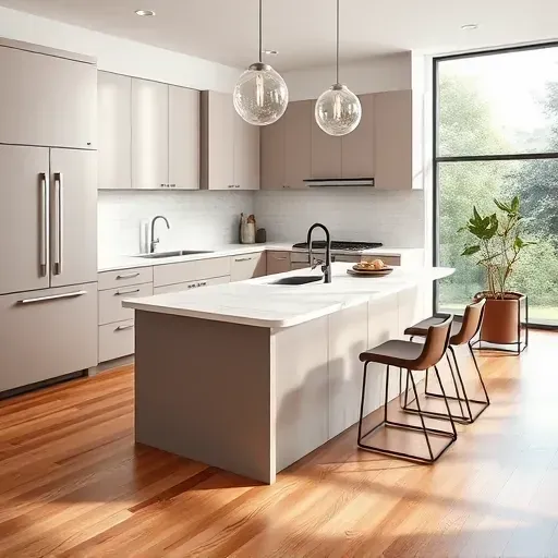 Modern kitchen remodeling in McMurray PA with sleek matte cabinets quartz countertops subway tile backsplash large central island hardwood floors natural light open-concept design greenery