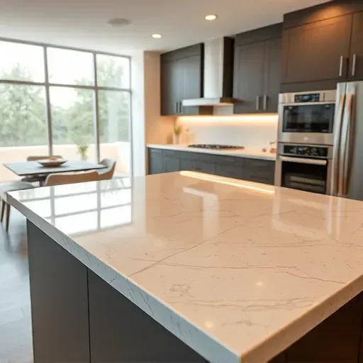 High-end kitchen island with quartz countertops, matte custom cabinets, integrated appliances, in a bright modern Canonsburg kitchen