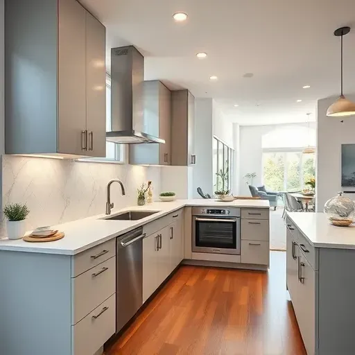 Remodeled kitchen in Carnegie PA featuring sleek cabinetry, stainless steel appliances, polished quartz counters, and hardwood floors.