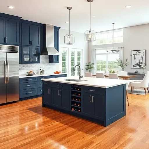 Recently renovated Upper St. Clair kitchen with navy blue cabinets, marble island, stainless appliances, and hardwood floors