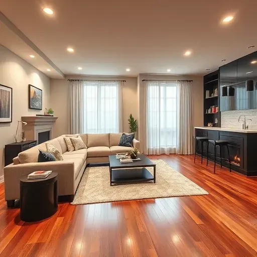 Modern basement remodel in Canonsburg PA with hardwood floors, plush sofa, fireplace, bar area, artwork, and ambient lighting