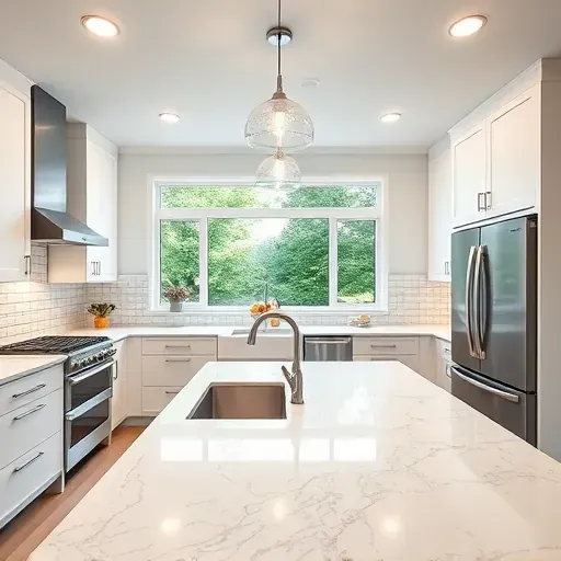 Renovated Jefferson Hills PA kitchen with matte white cabinets stainless steel appliances granite countertop farmhouse sink pendant lights subway tile backsplash lush greenery view