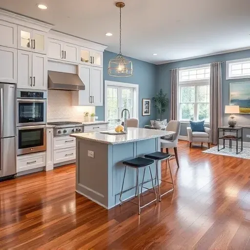 Modern kitchen remodel in Canonsburg PA with white cabinetry, granite island, stainless appliances, and hardwood floors.