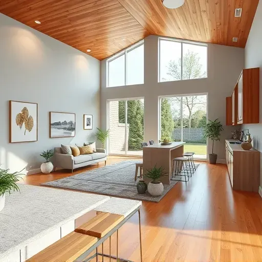 Modern living room and open-concept kitchen in Carnegie PA with gray walls, wood accents, and natural light.