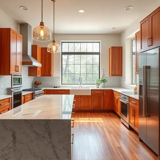 Renovated Carnegie PA kitchen with granite countertops stainless steel appliances wooden cabinetry island pendant lighting hardwood floors and natural light