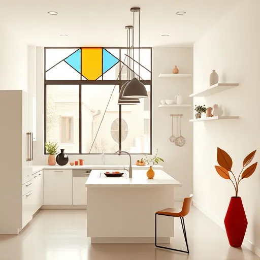 A modern open-concept kitchen featuring a sleek Bauhaus-inspired design with clean geometric shapes and bold lines. The minimalist cabinetry has rounded edges, complemented by geometric pendant lights hanging above a streamlined island. Stylized, abstract utensils and cookware are artistically arranged in asymmetrical harmony. A large window with angular stained-glass-like panes in muted reds, blues, and yellows casts colorful light throughout the space. The background showcases a subtle grid pattern reminiscent of Bauhaus architecture, with abstract outlines of shelving and appliances resembling modern art. Playful, geometric houseplants in bold vases add whimsical contrast to the sleek surfaces. The room exudes a calm yet inspiring atmosphere, emphasizing openness and order with floating shelves and a clear view into a cozy, stylized dining area. The color palette includes muted primary colors—mustard yellow, soft blue, brick red—balanced with neutral tones like beige, light gray, and black accents, creating a sophisticated and approachable ambiance. The overall art style emphasizes form, color harmony, and geometric abstraction, resulting in a visually striking depiction of innovative kitchen remodeling within a distinctive Bauhaus aesthetic.