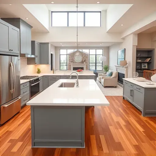 Renovated open-concept kitchen in Canonsburg PA with white quartz countertops stainless steel appliances wooden island gray cabinets hardwood floor and natural light