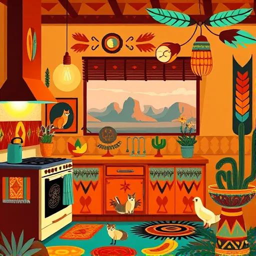 A vibrant, intricate depiction of a cozy kitchen styled with Native American art influences, featuring bold geometric patterns and flowing motifs inspired by traditional textiles and pottery. The scene is illuminated by colorful lighting enhancements, including pendant lights with feather-inspired designs, glowing under cabinets, and lanterns resembling stylized flames and rainbows, creating a lively, whimsical atmosphere. Warm tones of terracotta reds, golden yellows, deep browns, complemented by turquoise and earthy greens, evoke warmth and harmony. The stylized kitchen elements—stovetop, countertops, cabinets—are abstract with detailed patterns, while the background showcases desert mesas and plains through patterned windows and wall art, emphasizing a southwestern landscape. Hidden within the intricate designs are playful details like foxes, rabbits, and birds, adding charm and personality. Overall, the artwork blends traditional Native American aesthetics with modern lighting innovations, highlighting bold shapes, natural textures, and a balanced palette that celebrates craftsmanship, culture, and creative lighting upgrades.