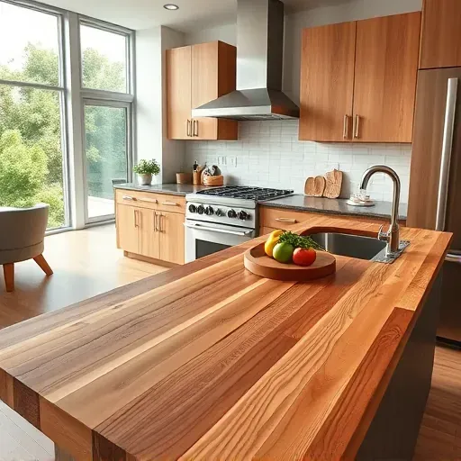 Freshly installed butcher block countertop in a modern kitchen with warm wood grains, stainless steel appliances, and natural light.