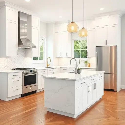 Renovated Whitehall PA kitchen with white cabinets, stainless steel appliances, marble countertops, herringbone backsplash, hardwood floors, and large windows