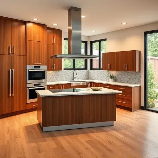 Modern Hickory PA kitchen remodel featuring sleek wood cabinets, granite island, stainless appliances, stylish backsplash and hardwood floors