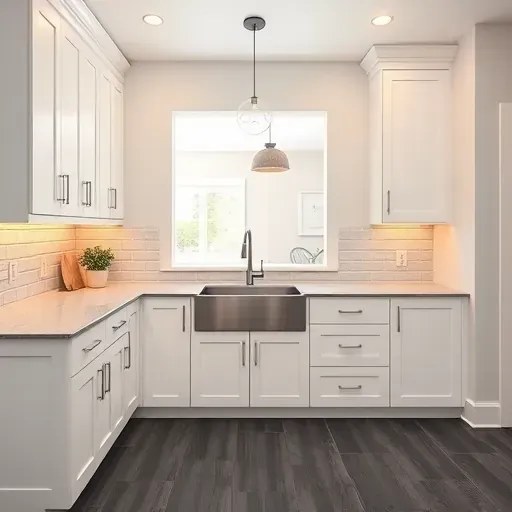 Newly renovated small modern kitchen in Canonsburg PA with quartz countertops shaker cabinets under-cabinet lighting and subway tile backsplash