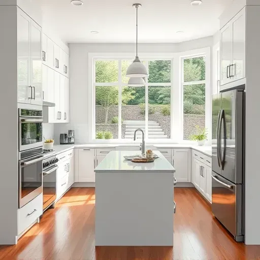 Remodeled modern kitchen in Avella PA with white cabinets quartz countertops stainless steel appliances and hardwood floors
