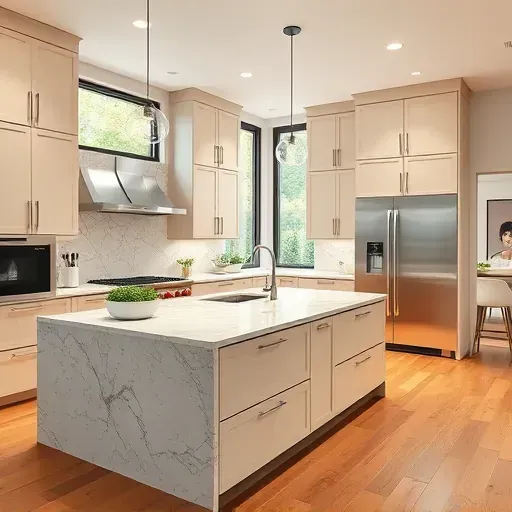 Bright modern Mount Lebanon kitchen with matte cabinetry, granite island, stainless appliances, hardwood floors, and lush greenery outside