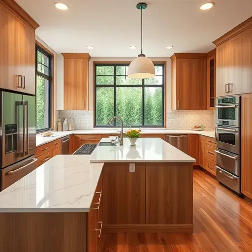 Remodeled North Strabane PA kitchen with wood cabinetry, stainless steel appliances, quartz countertops, subway backsplash, hardwood floors, and large windows