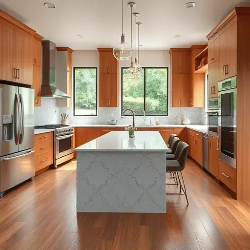 Remodeled Hendersonville PA kitchen with modern wood cabinetry stainless appliances quartz countertops stylish backsplash hardwood floors large windows lush backyard view