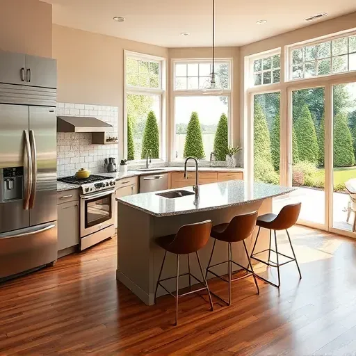 Remodeled Finleyville kitchen featuring modern matte cabinets, stainless steel appliances, granite countertops, hardwood floors, and large windows.