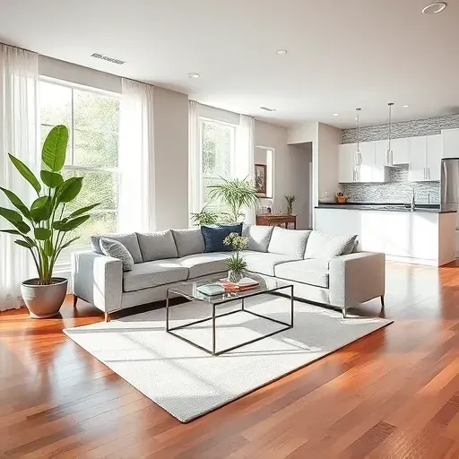 Modern remodeled living room in Cecil PA, featuring polished hardwood, gray sectional, and natural light with greenery.