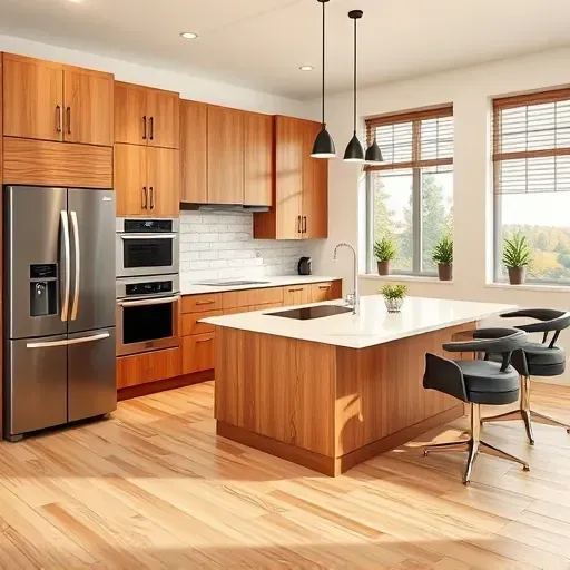 Remodeled Bethel Park kitchen with warm wood cabinets, marble quartz countertops, stainless steel appliances, subway tile backsplash, hardwood floors, large window, modern pendant lighting, and open-concept dining area