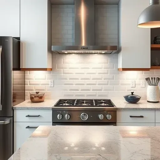 Freshly installed modern ceramic kitchen backsplash with glossy tiles, granite countertop, stainless appliances in Canonsburg PA
