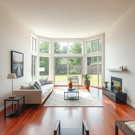 Modern living room with large windows, hardwood floors, neutral walls, artwork, elegant lighting, lush backyard, and stylish home renovation details