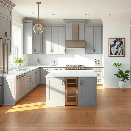 Modern kitchen remodel in Pleasant Hills PA featuring gray cabinetry, quartz island, stainless appliances, and natural wood flooring.