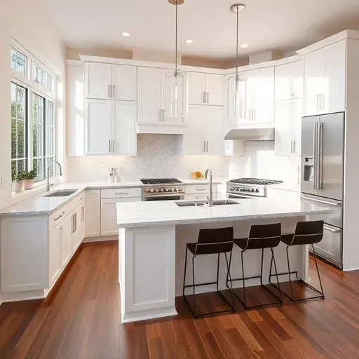 Modern kitchen remodel in Whitehall PA featuring elegant cabinetry, quartz countertops, and stainless steel appliances.