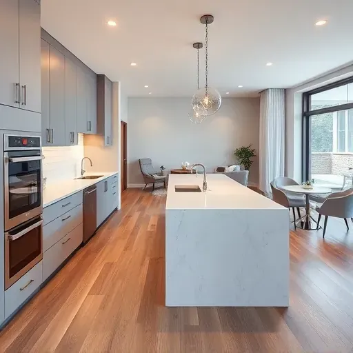 Recently remodeled modern kitchen in Southpointe PA featuring sleek matte cabinets, quartz island, stainless appliances, subway tile backsplash, LED lighting, large window, hardwood floors, and contemporary pendant lighting.