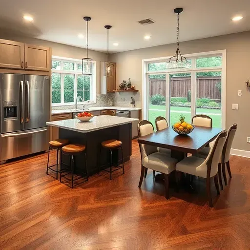 Modern kitchen remodel in Jefferson Hills, PA featuring stainless steel appliances, quartz countertops, and hardwood floors.