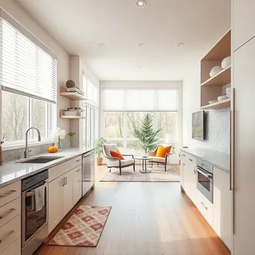 Modern kitchen remodel in Monongahela PA with sleek appliances, granite countertops, and open shelving showcasing dishware.