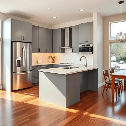 Modern renovated kitchen in Independence PA with gray matte cabinets stainless appliances stone island hardwood floors and natural light