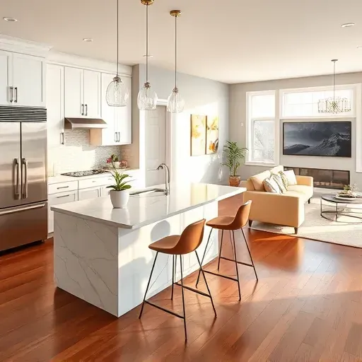 Modern kitchen in Independence PA with sleek cabinetry, stainless steel appliances, marble countertop, and bright atmosphere.