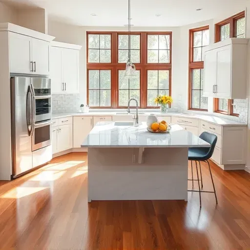 Modern kitchen remodel in Hickory, PA features sleek white cabinetry, marble countertops, and stainless steel appliances.