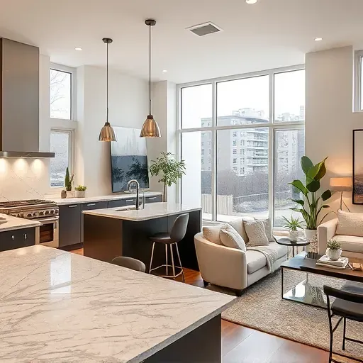 Modern kitchen and living area remodeling in McKees Rocks PA featuring granite countertops, stainless steel appliances, and cozy decor.