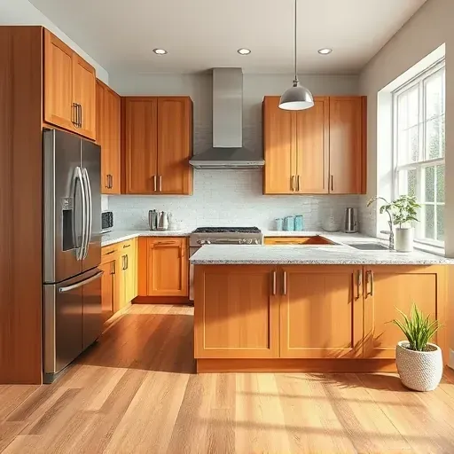 Remodeled kitchen in Charleroi PA featuring warm wood cabinets, granite countertops, stainless-steel appliances, central island, and hardwood flooring