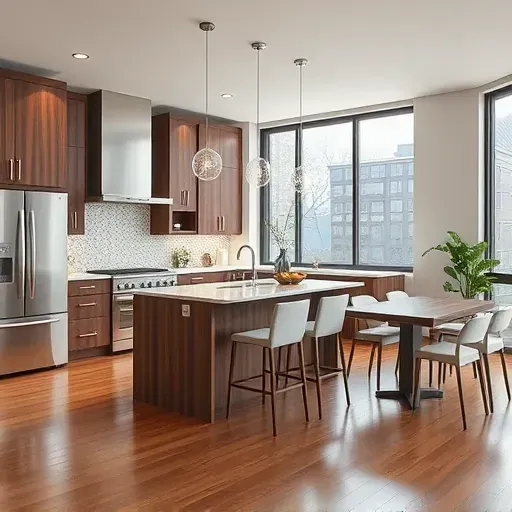 Modern kitchen remodel in McKees Rocks PA with walnut cabinets, quartz counters, and mosaic tile backsplash.
