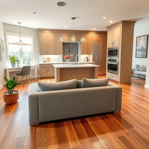 Modern kitchen and living area remodel in Houston PA featuring taupe cabinetry, marble countertops, and bay window.