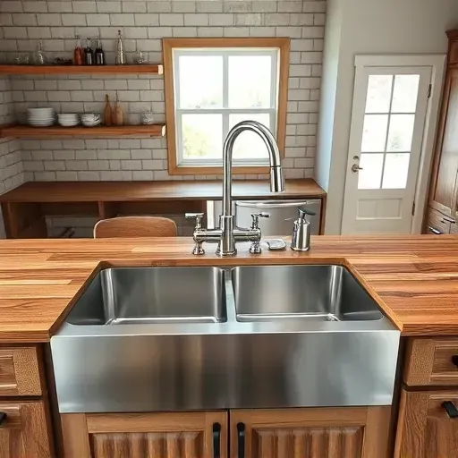 Completed farmhouse stainless steel sink in modern rustic kitchen with wood counters, chrome fixtures, and natural light in Canonsburg PA