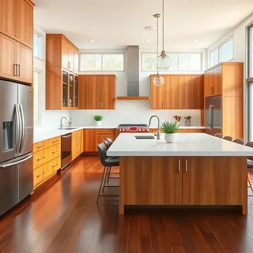 A modern kitchen remodel in Independence PA featuring sleek wood cabinetry, quartz countertops, and stainless steel appliances.
